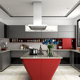 FIK10: Modern Grey and Red Matte Lacquer Kitchen Cabinet